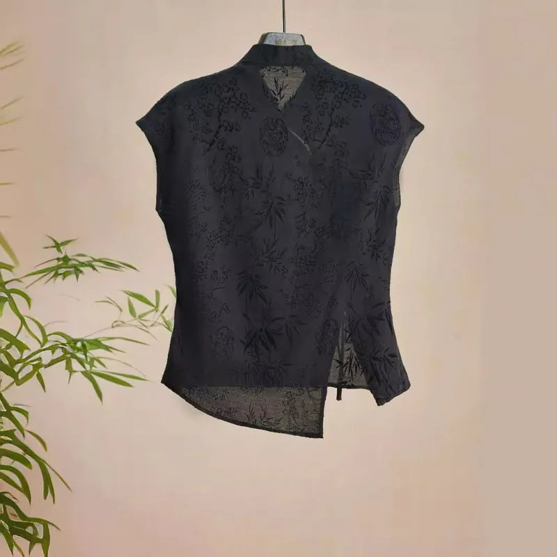 Chinese-style Jacquard Short-sleeved Shirt Summer Vintage Lightweight Cheongsam Blouse New Stylish And Elegant Women's T-Shirt