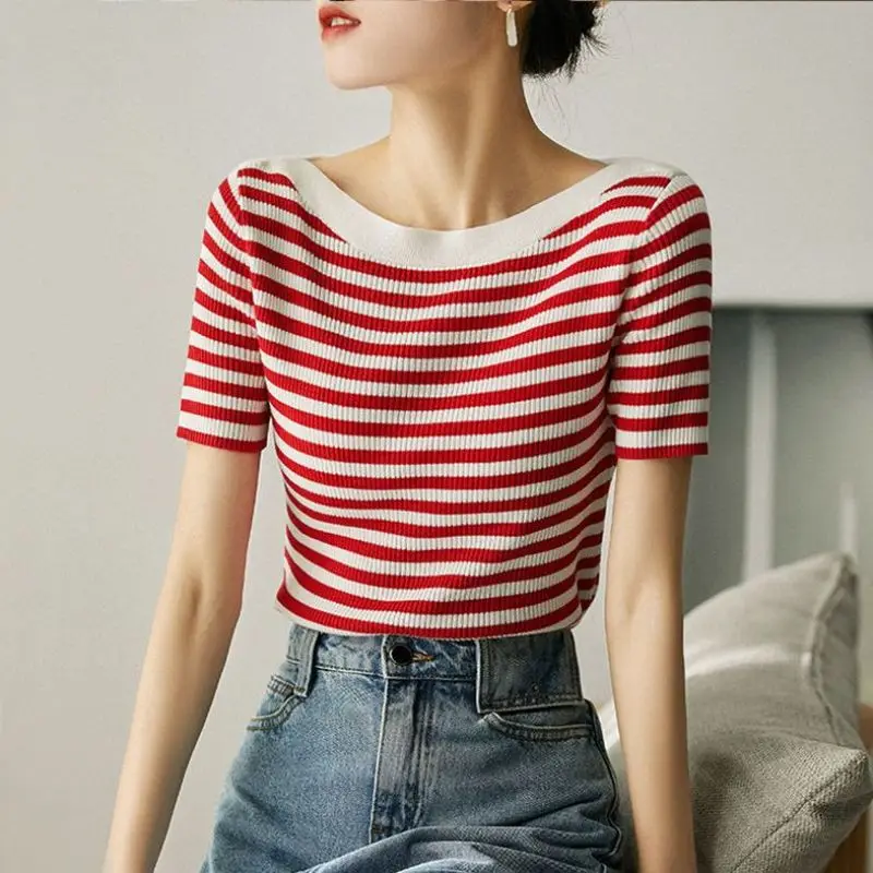 

Stylish Slash Neck Knitted Loose Striped Blouse Women's Clothing 2024 Summer New Casual Pullovers Short Sleeve Commute Shirt