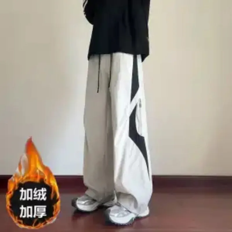 

Autumn Winter Velvet Thickened American Style Contrasting Color Paratrooper Overalls Men's Loose Straight Casual Sports Pants