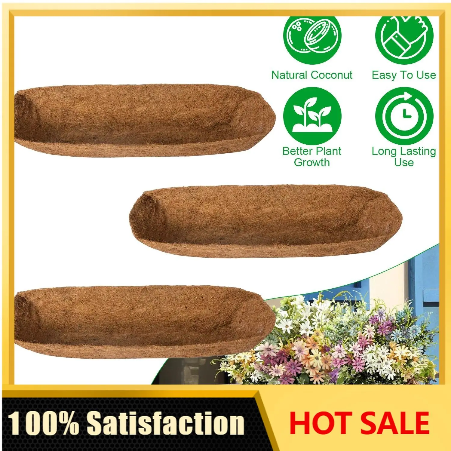 Coconut Fiber Window Box Liners, 24/30/36 Inch Trough Coco Liners for Wire Window Baskets, Woven Coir Planter Insert for Balcony