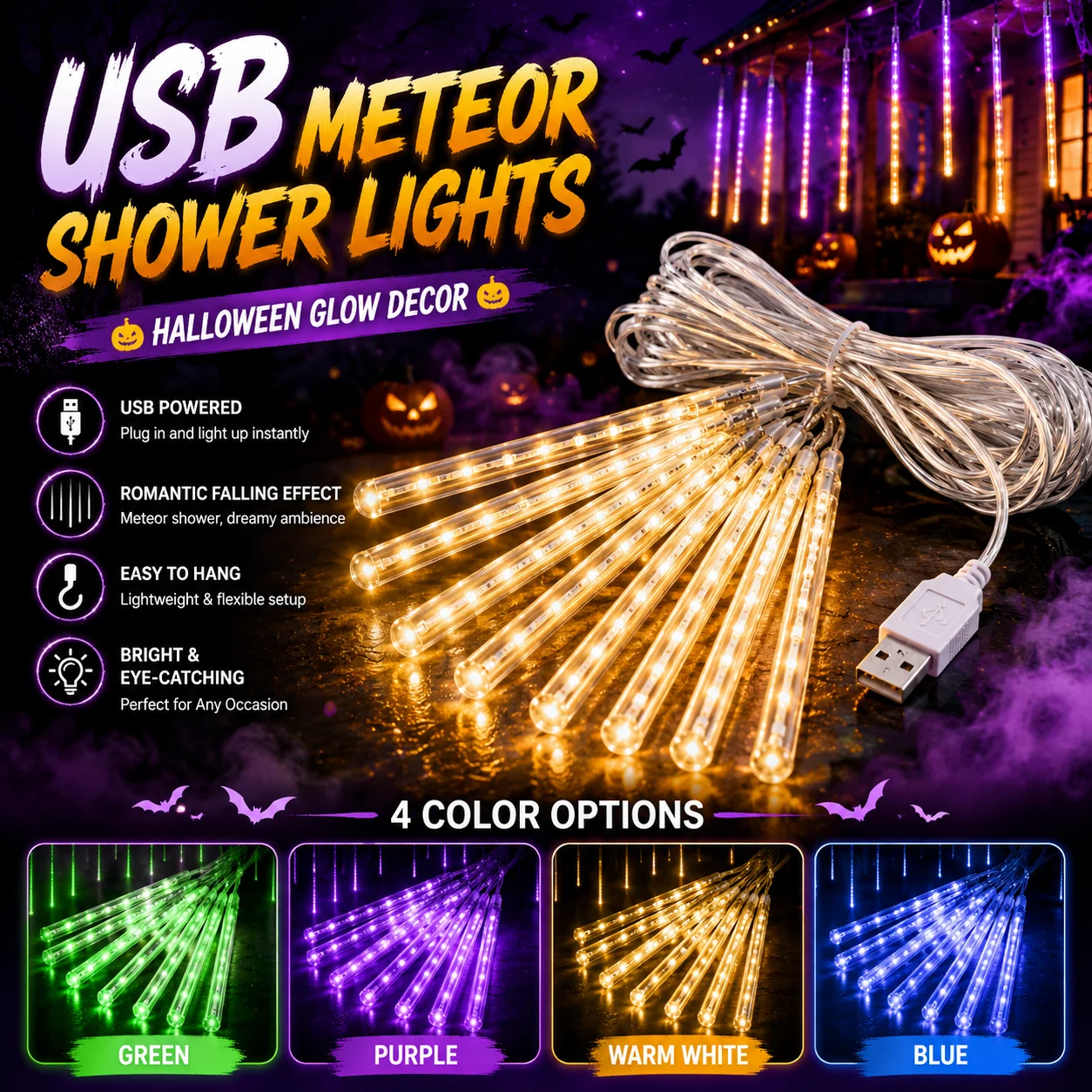

USB Meteor Shower Lights Halloween LED Falling Rain Lights Green Purple Warm White Blue for Window Tree Party Decor