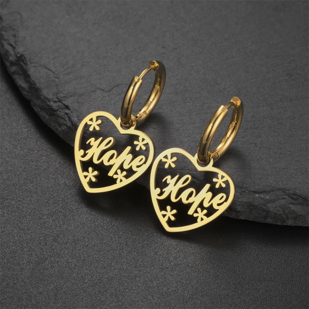 Stainless Steel Hoop Earrings for Women Girls Heart Shape Love Hope Dream Drop Earrings Fashion Charms Jewelry Gifts Wholesale