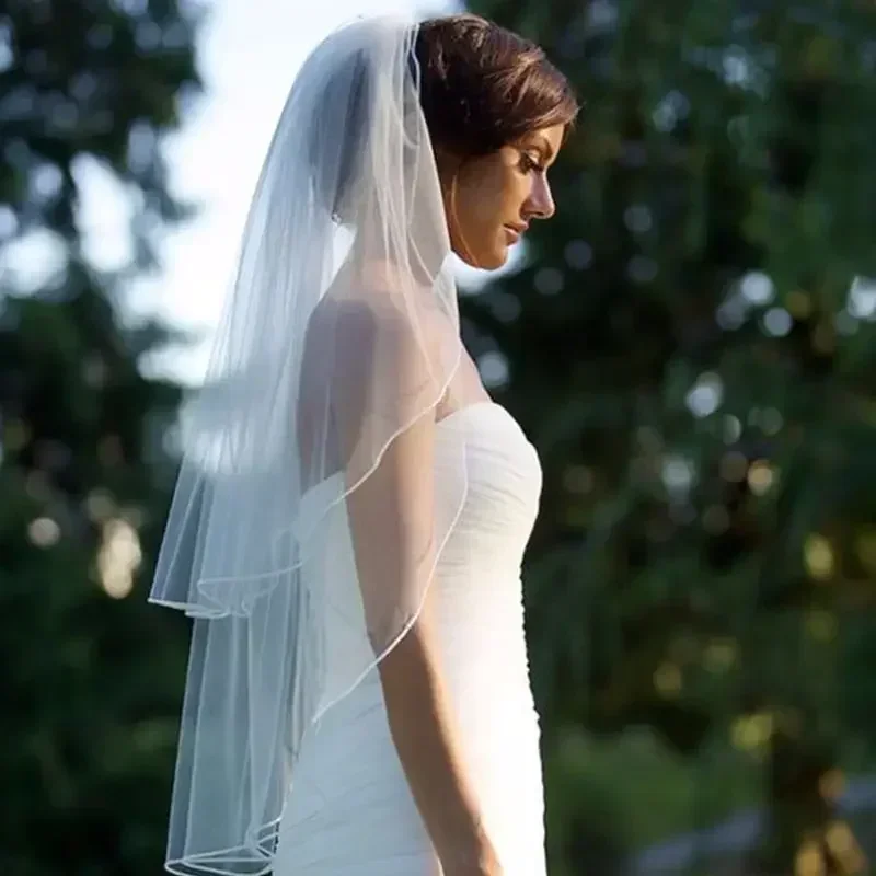 Double Layer Womens Irregular Length Wedding Veil 2 Tier Plain Solid Color Pleated Drape Soft Tulle Short Bridal Comb
