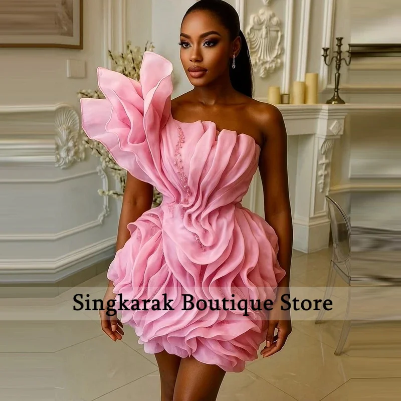 Asymmetric Mesh Ruffle Mini Cocktail Dress One Shoulder Chiffon Beaded Prom Party Dress Puffy Tiered Floral Short Prom Gowns