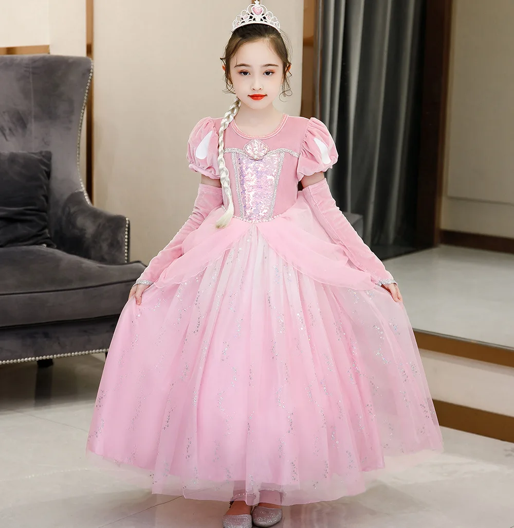 Mermaid Dress Pink Ariel Clothes Girls Luxury Sequin Princess Cosplay Carnival Party Kid Costume Applique Pearl Fluffy Prom Gown