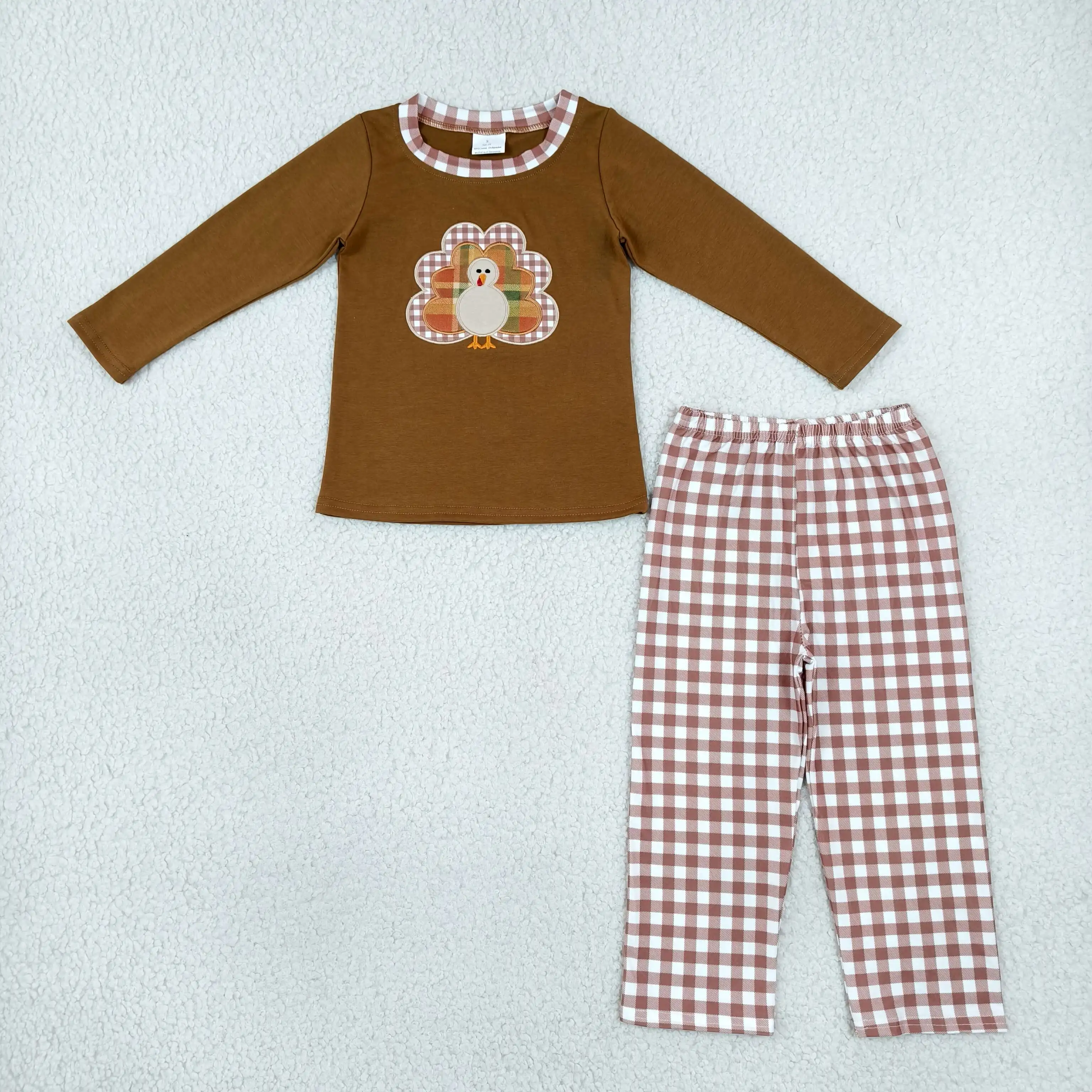 Wholesale Children Thanksgiving Embroidery turkey Cotton Pullover Plaid Pants Set Toddler Baby Boy Kids Outfit Clothes