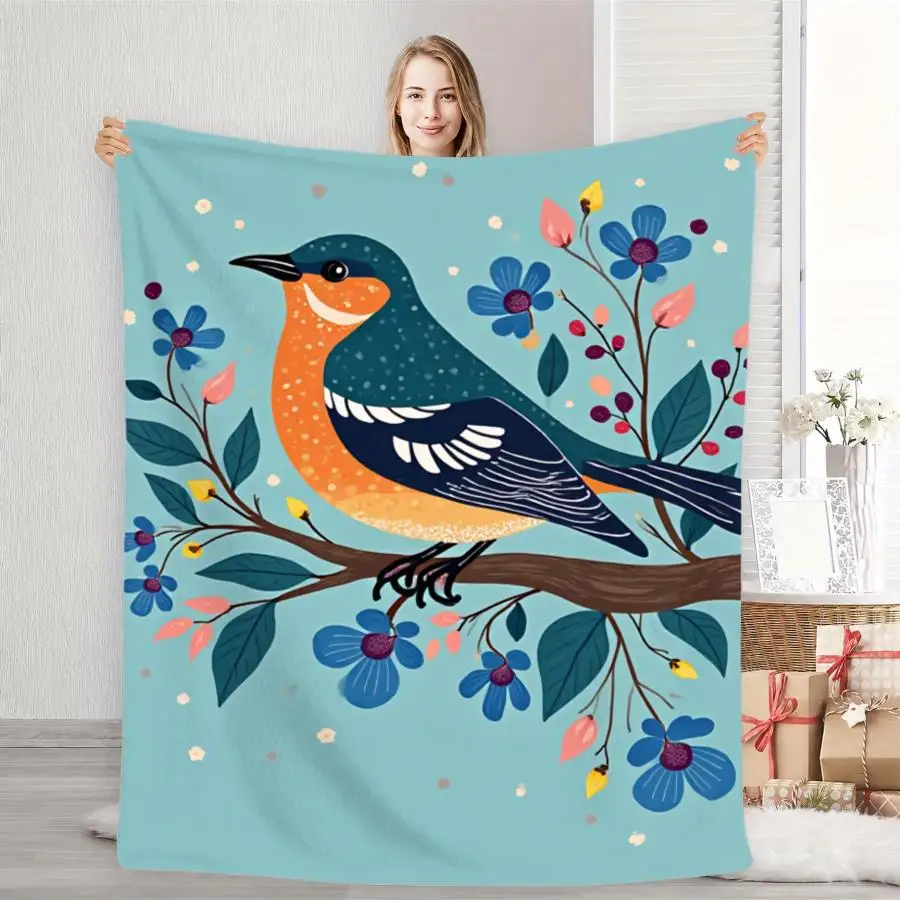 1pc Soft Flannel Plush Blanket, Cozy 280GSM Throw with Whimsical Bird and Floral Print on Turquoise Background for Bed, Sofa, and Home Decor Perfect as Home Decoration & Holiday Gift Choice.