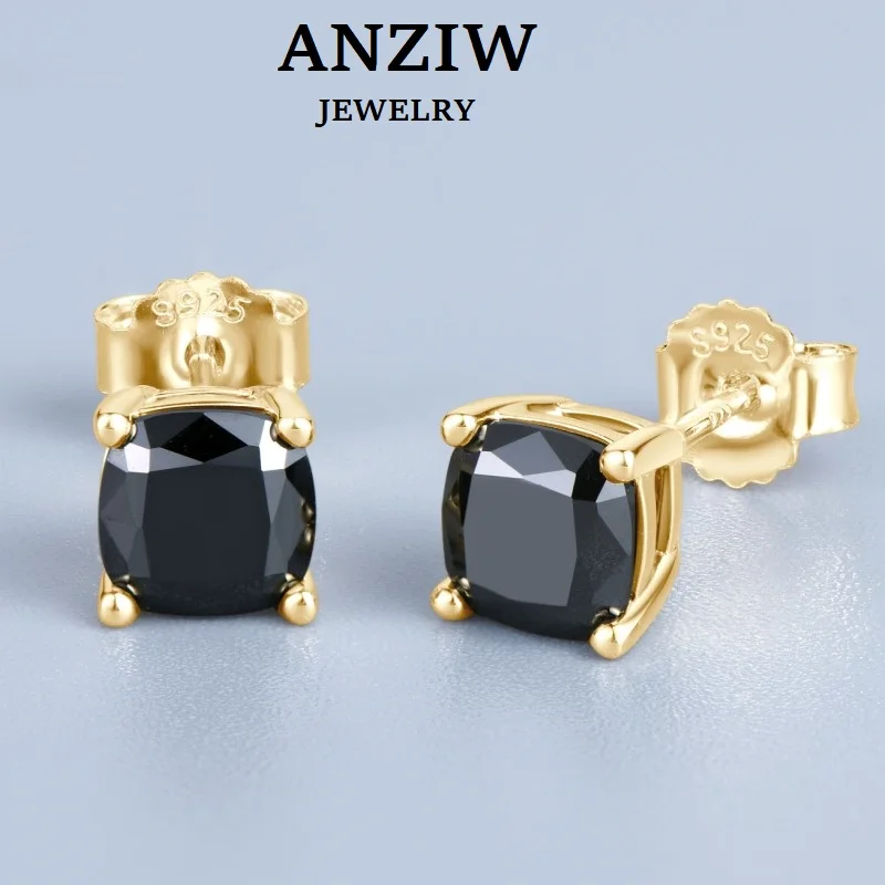 

Anziw 6x6MM 1.0CT Cushion Cut Black Moissanite Stud Earrings for Men Women 925 Sterling Silver Gold Plated Earring Jewelry Gift