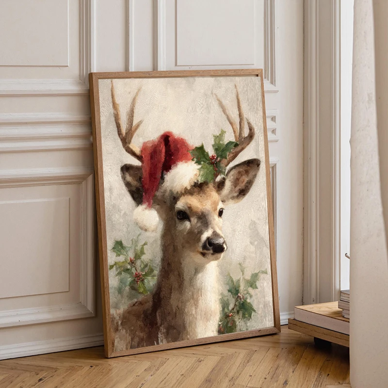 Christmas Tree Street Lamp Santa Claus Reindeer poster canvas painting print wall art picture for Farmhouse home decor cuadros