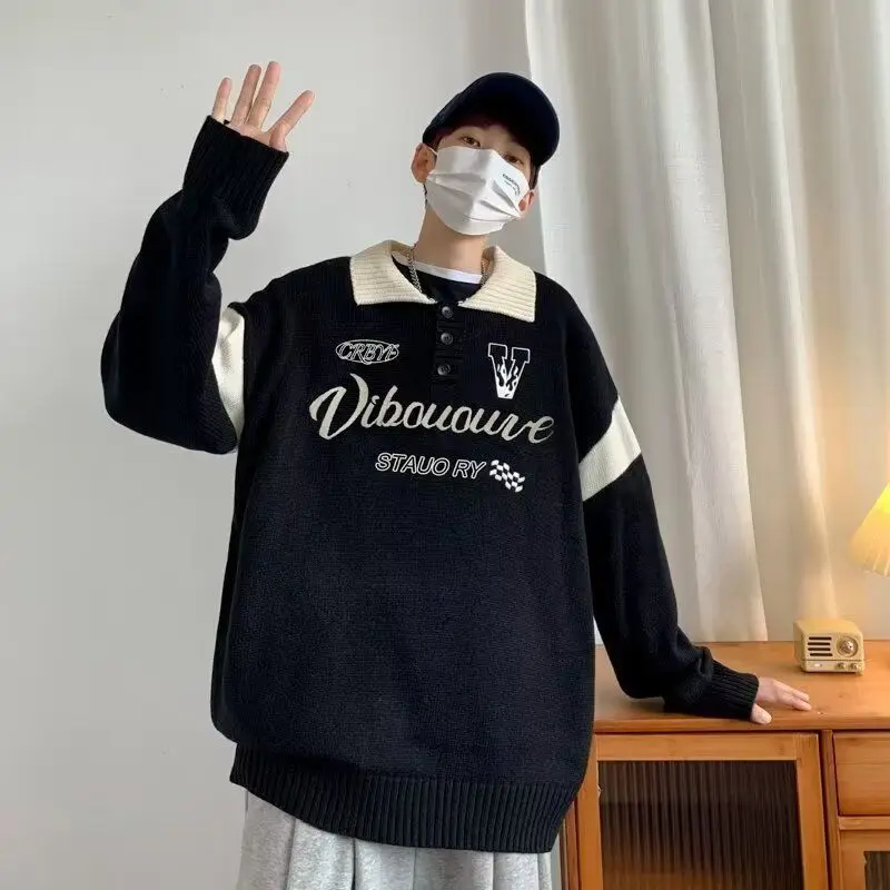 الأمريكية الرجعية عادية V-ne محبوك سترة الرجال لون نقي ملابس خارجية طويلة Sve فضفاضة تناسب الشباب Sle ألياف البوليستر #4