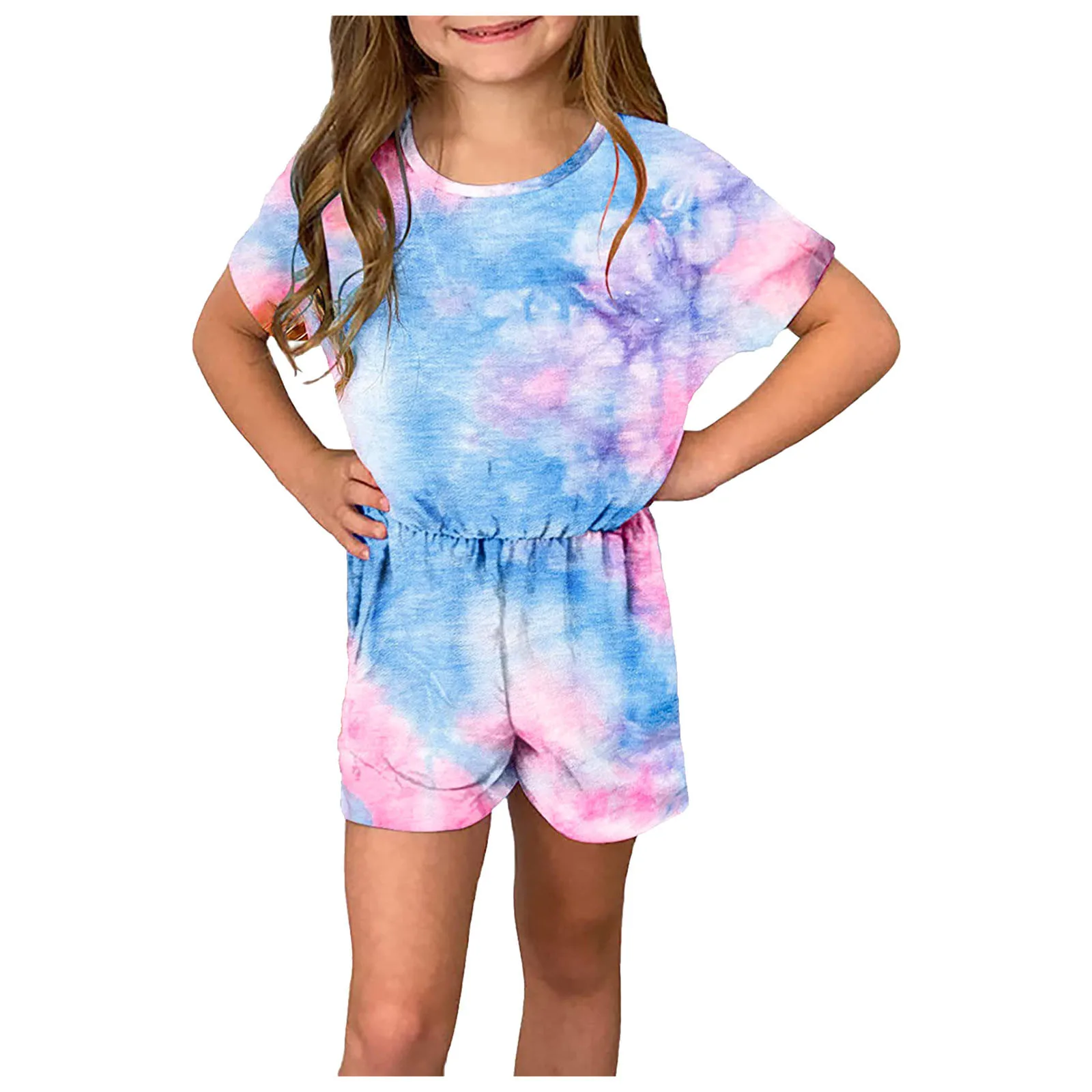 2022 Summer Girls Clothes Child Girls Romper Rainbow Tie-Dyed Printed Jumpsuit Casaul Kids Overalls Girl Clothing 4-13 Years