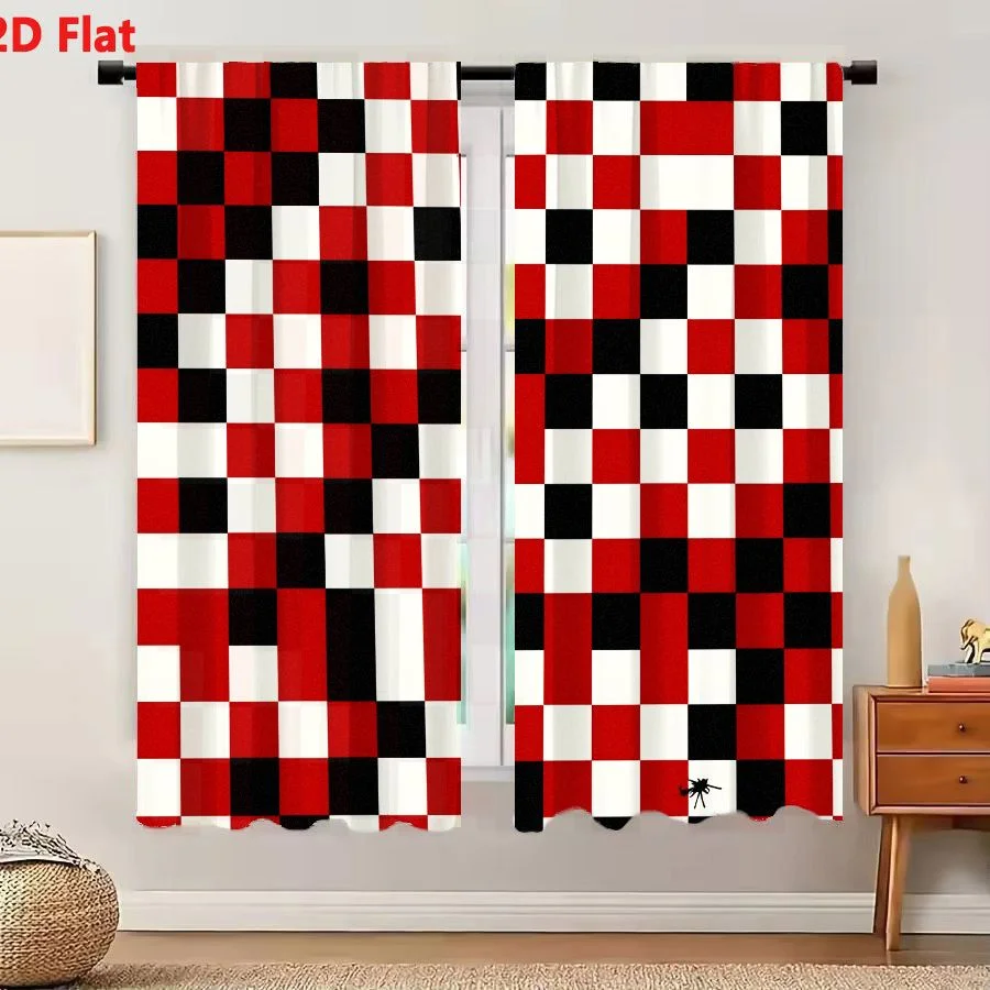 2Pcs Curtains 2D Flat Geometric Red Black White Optical Illusion Pattern With Insect Silhouette Window Drapes for Bedroom Room D