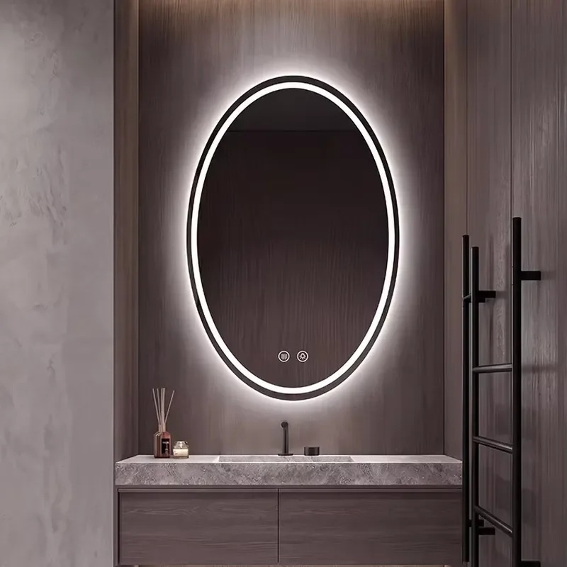 Modern oval smart bathroom vanity mirror with LED light, anti-fog design, simple wall-mounted touch switch, suitable for