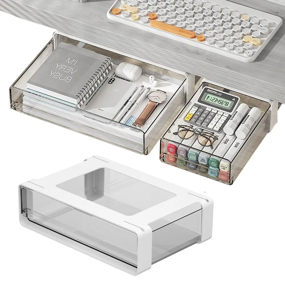 

Self-Adhesive Under Desk Drawer Slide-out Space Saving Table Storage Box No Drilling Attachable Cabinet Storage Organizer