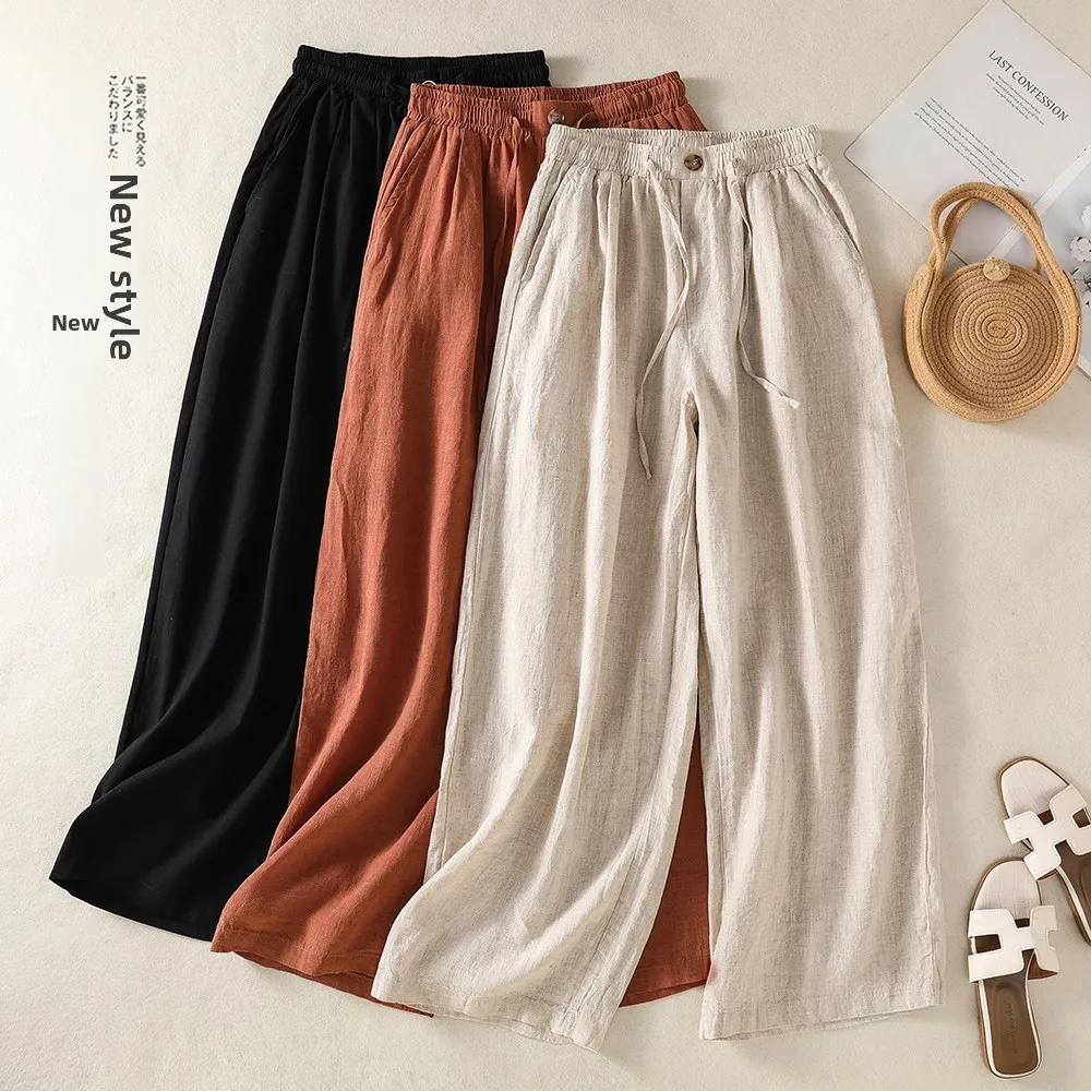 

Loose Cotton Linen Women's Wide Leg Pants Casual Straight Cut Long Trousers New Chinese Style High Waist Pants for Ladies