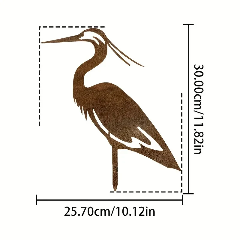 Rusted Metal Crane Garden Statue - Contemporary Freestanding Heron Bird Sculpture, Weather-Resistant Outdoor Yard Art 1pc