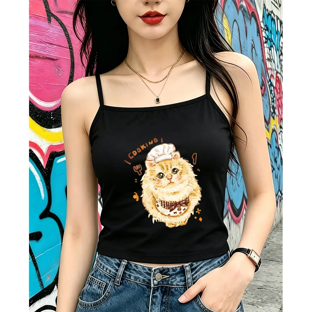 Ginger Cat Cami Women Brown Chef Hat Print Tank Top Sleeveless Vest Summer Trendy Fashion Sweet Daily Wear Cartoon Art Style Tee