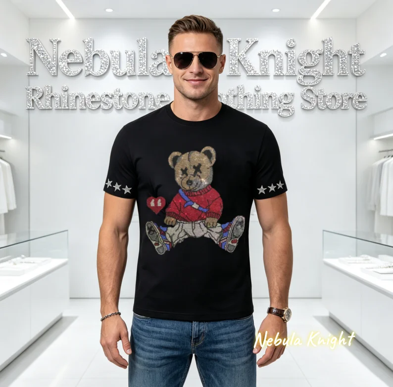Hot Sale Men Bling Crystal Rhinestone Short Sleeve Tee O Neck Cotton Daily Street Fashion Casual T Shirt