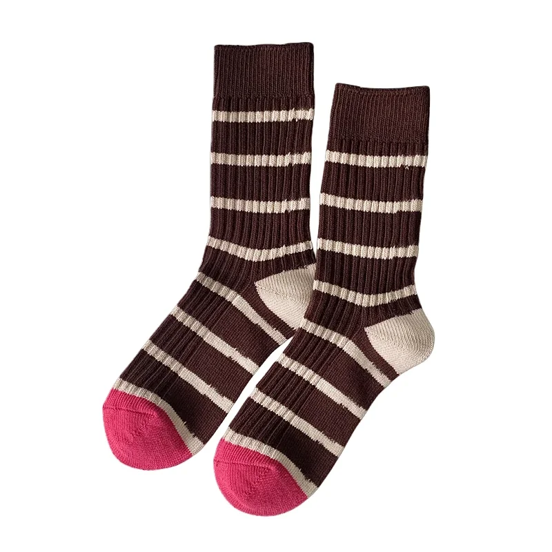 Fashion Women's Socks Cotton Autumn Winter Warm Mixed-Color Striped Socks Female Casual Retro Long Loose Socks For Girls Floor