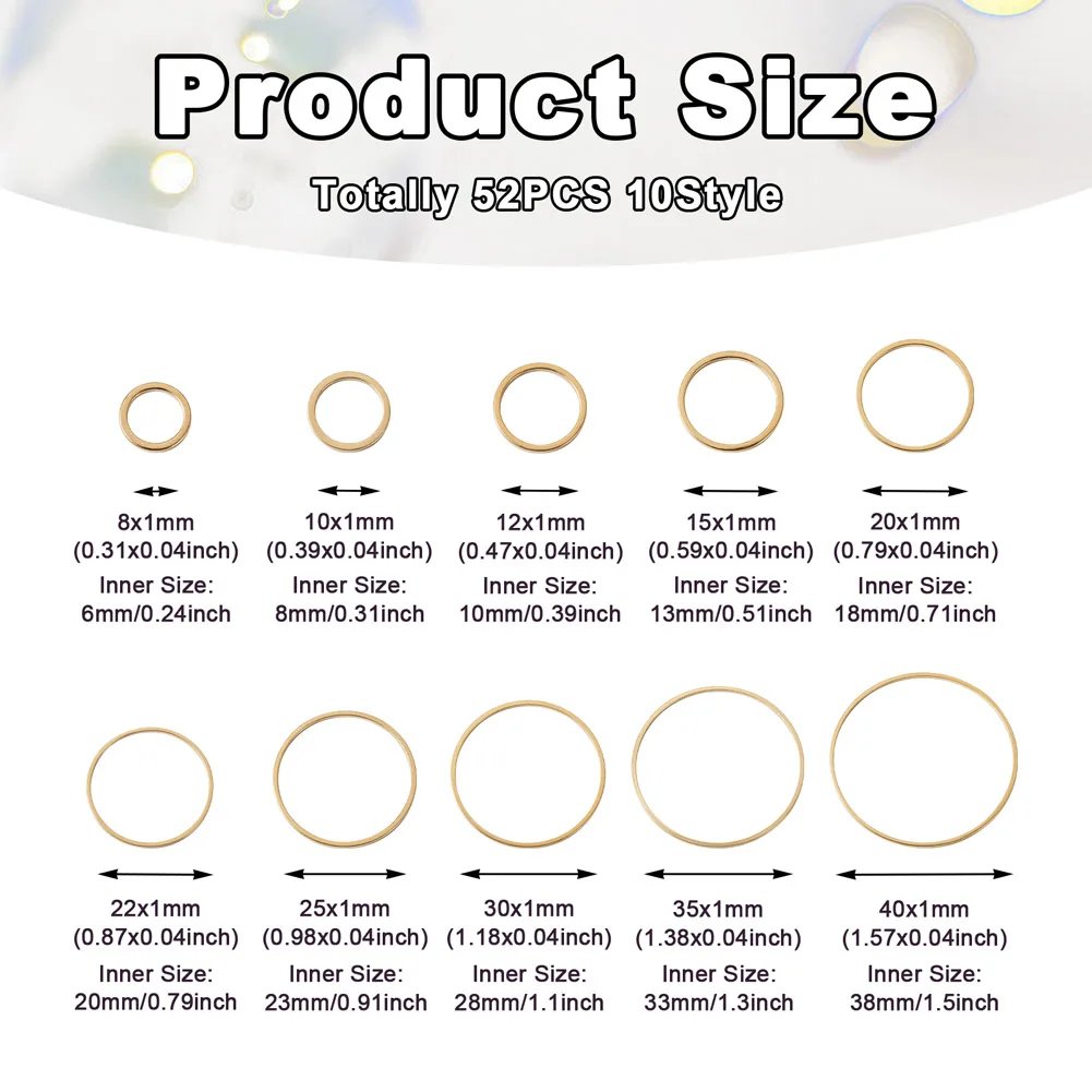 Pandahall 52Pcs 10 Style Brass Linking Rings Round Ring Link Charms For DIY Necklace Bracelet Earring Jewelry Making Gift