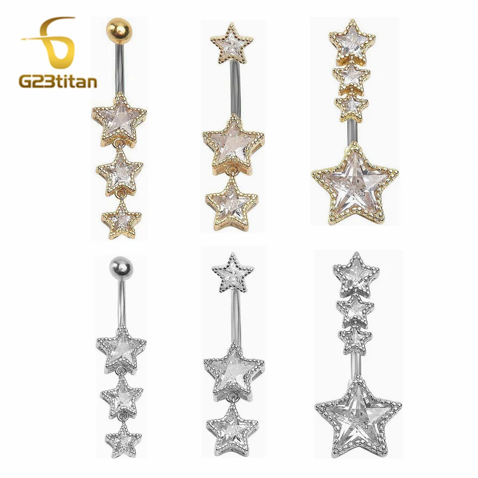 CZ Zircon estrellas ombligo anillo 1,6mm 14G G23 barra de titanio antialérgico ombligo Piercing joyería del cuerpo Ombligos Color oro plata