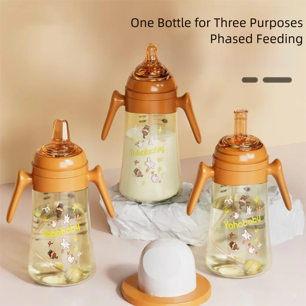 

High Quality 300ml Baby Bottle with Handle 3 In 1 Water Cup Portable Anti Falling Silicone Straw Bottle Baby Feeding Supply