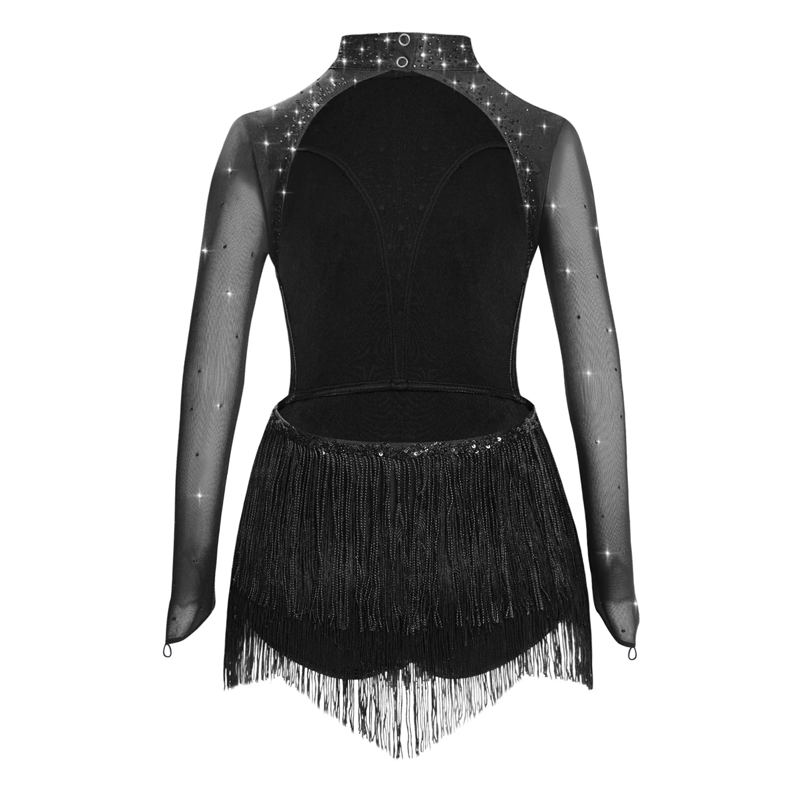 Kids Girls Latin Dance Sequins Tassels Leotard Dress Long Sleeve Backless Rhinestones Bodysuit for Stage Performance Competition
