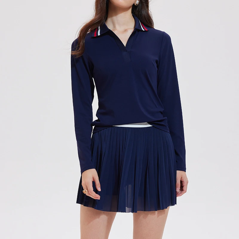 

VITALINOVO Women's 2 Piece Tennis SKirt Set Long Sleeve Polo V-neck Shirts with Contrast Stripes Pleated Skirt Athletic Outfits