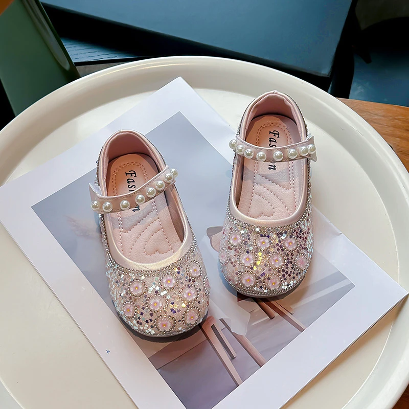 Unishuni Girls Bling Crystal Princess Flats Kids Floral Party Dance Shoes Child Soft Mary Janes Baby Girls Pearl Casual Shoes