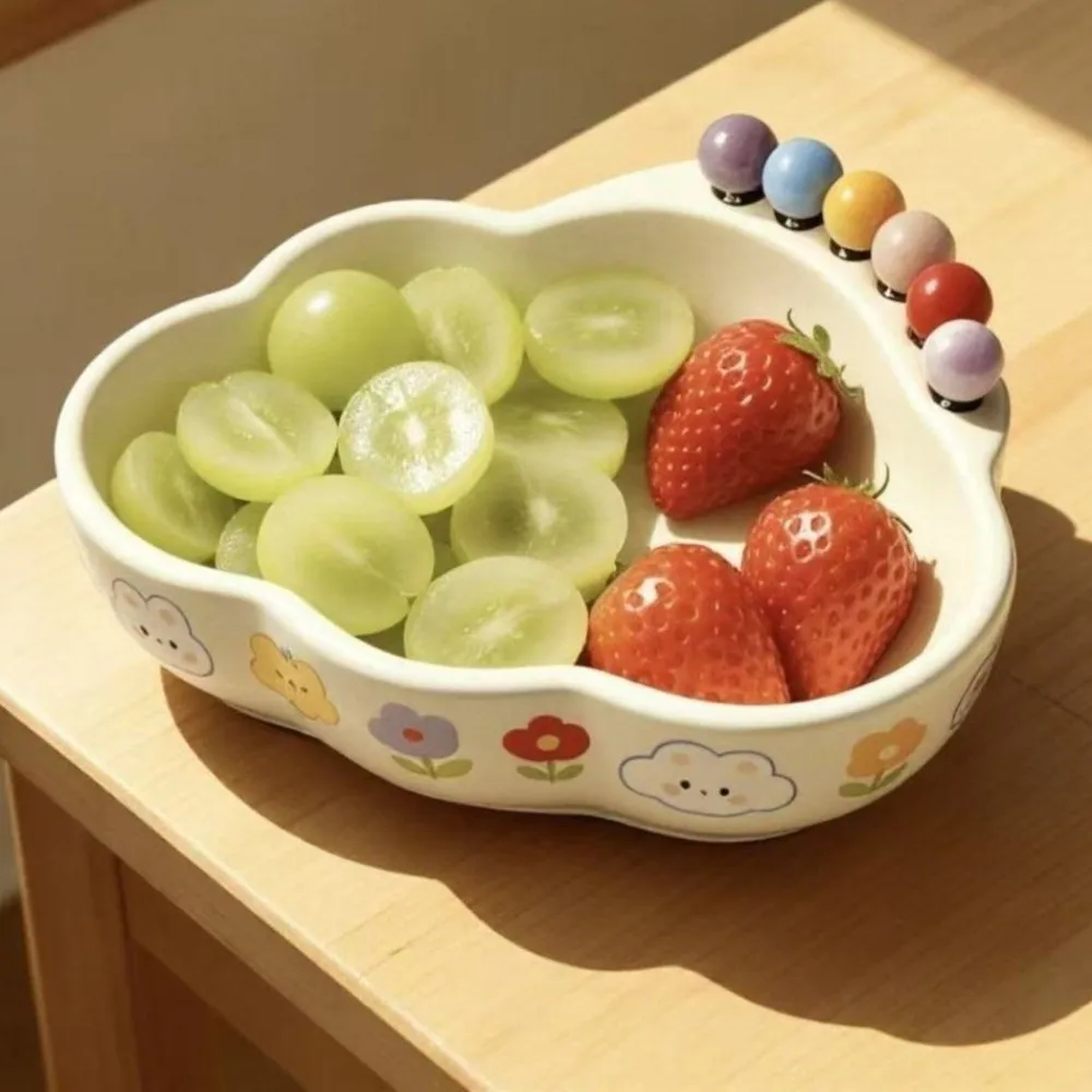 Cloud Shape Fruit Storage Tray Plastic Colored Beads Fruit Serving Plate with 6 Fruit Fork Large Capacity Dessert Salad Bowl