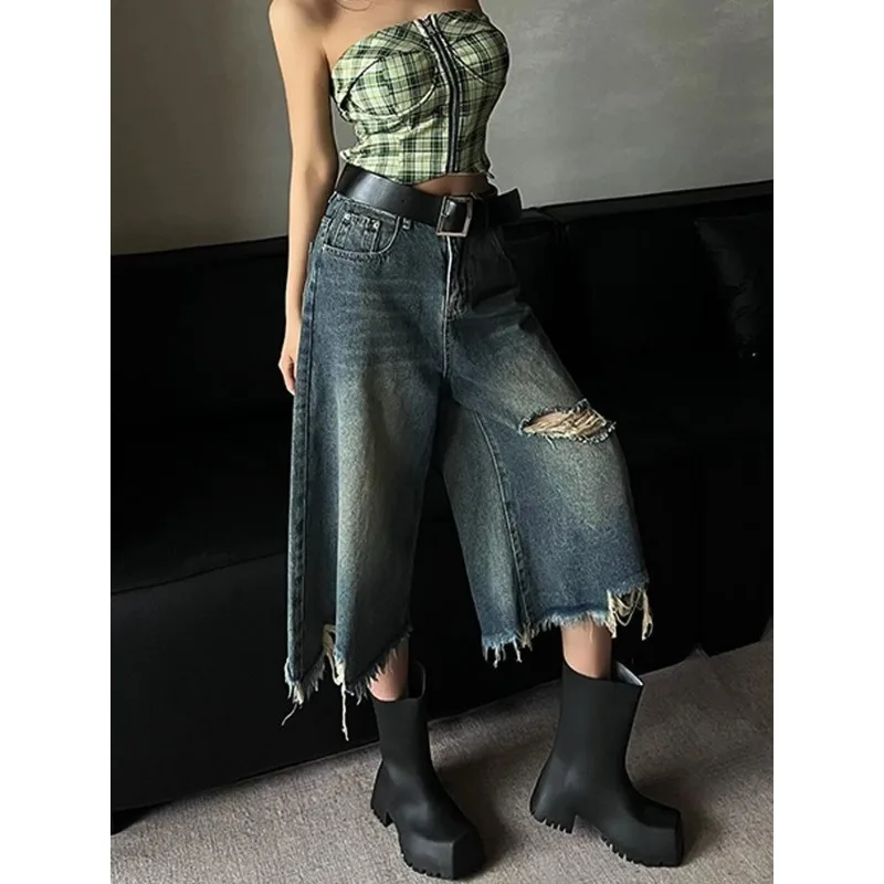 Vintage Women's Holes Rough Edges Calf-length Jeans High Waist Hip Hop Baggy Straight Girl Pants Street Wide Leg Denim Trouser