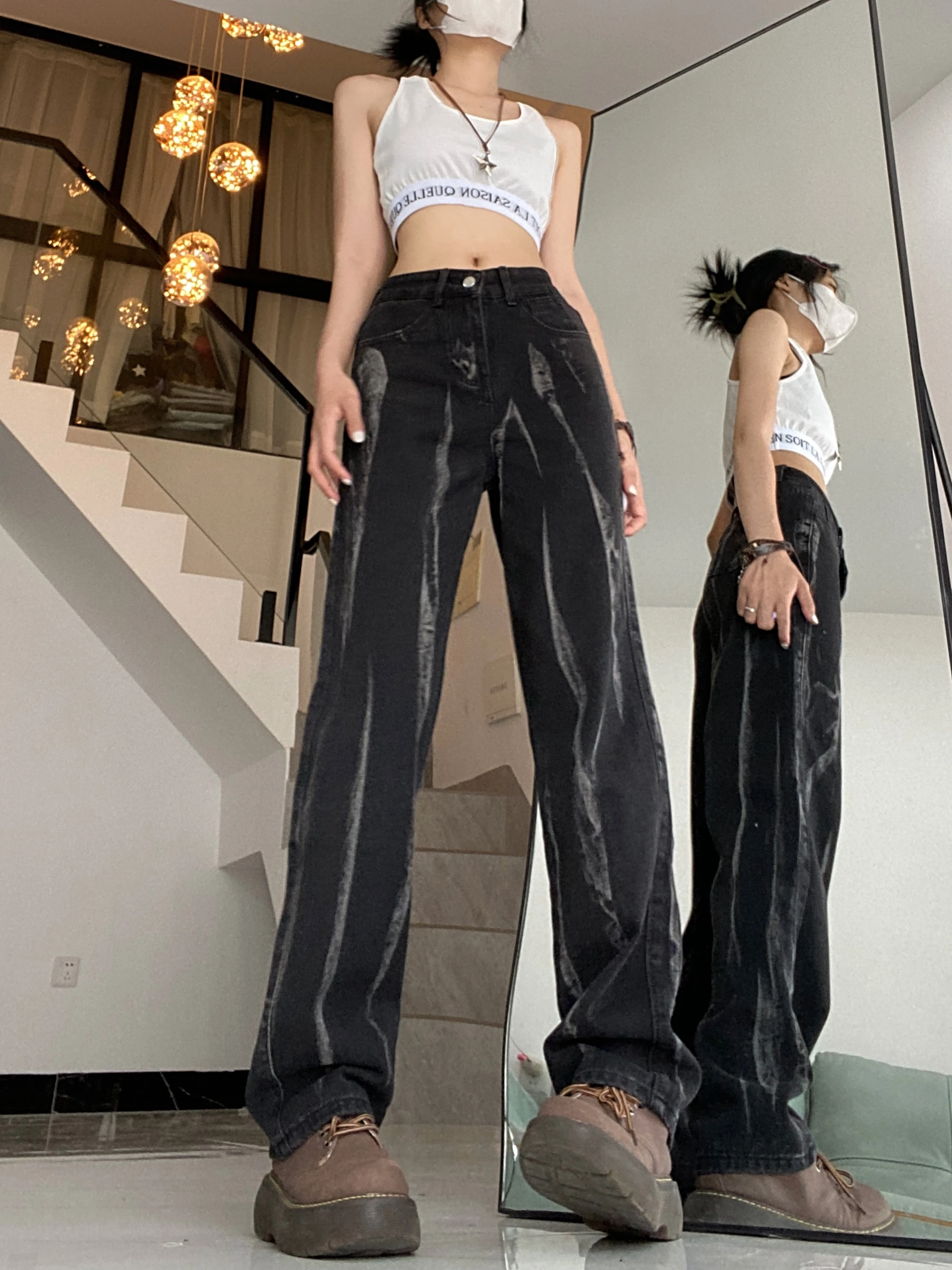 

WCFCX STUDIO Y2K Straight Leg Jeans For Women High Waist Wide Leg Pants Fashion Retro Denim Pant Baggy Pants Casual Trousers