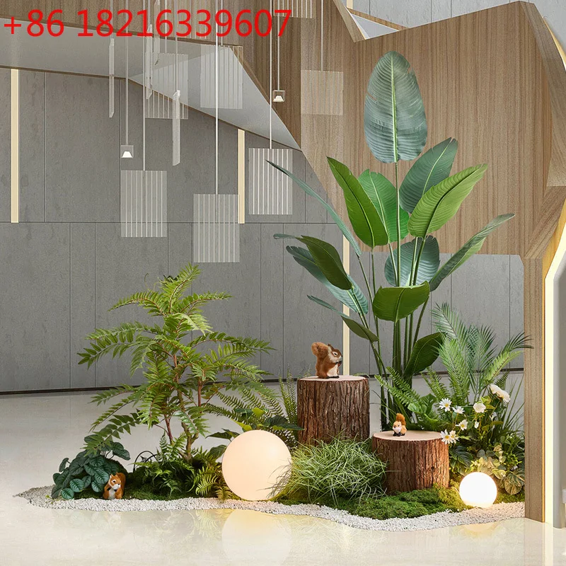 

Large-scale simulated green plant landscaping plant decoration high-end light luxury office window under the stairs