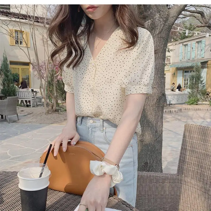 

Women's Polka Dot Top Short Sved Shirt New Year's Clothing Fly Sleeve Ultra Long Sleeve Three Acetate Fiber Resistant to Defo...
