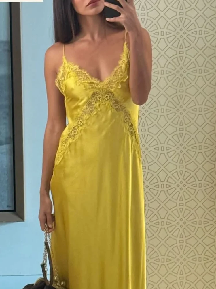 

Sexy Lace Patchwork Sling Dress for Women, V-Neck Off Shoulder Backless Satin Loose Vestidos for Vacation