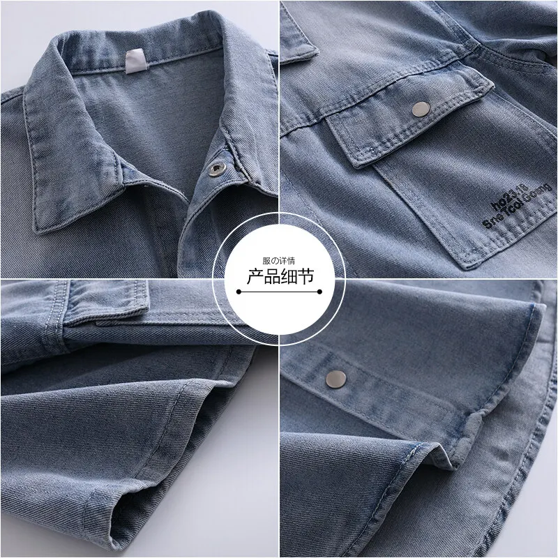 Immagine 6: Camicia in Denim da Uomo, Moda Estiva, Tinta Unita, Traspirante, in Misto Cotone, Casual, Manica Corta, Stile Urbano