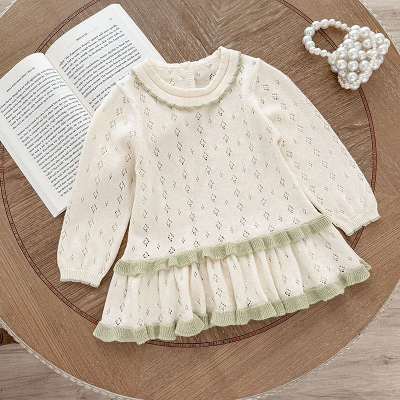 2025年秋新作 キッズ 長袖 透かし編みセーター 0-4歳 子供服 ベビー 女の子 無地 ニット プルオーバー セーター