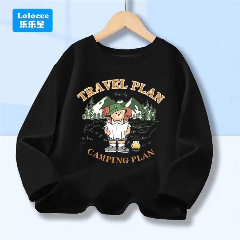 Kids' Spring Autumn Cotton T-shirt,Travel Camping Plan Cartoon Bear Graphic Tops For Boys,  Children's Long Sleeve Tees XYJ1