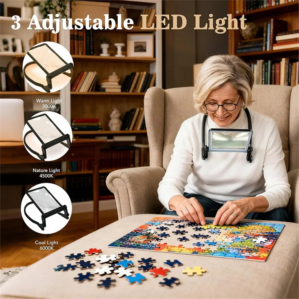 AB52 Freihändige Lupe mit Licht, Halsklemm-Leselupe, wiederaufladbar mit einstellbarer LED