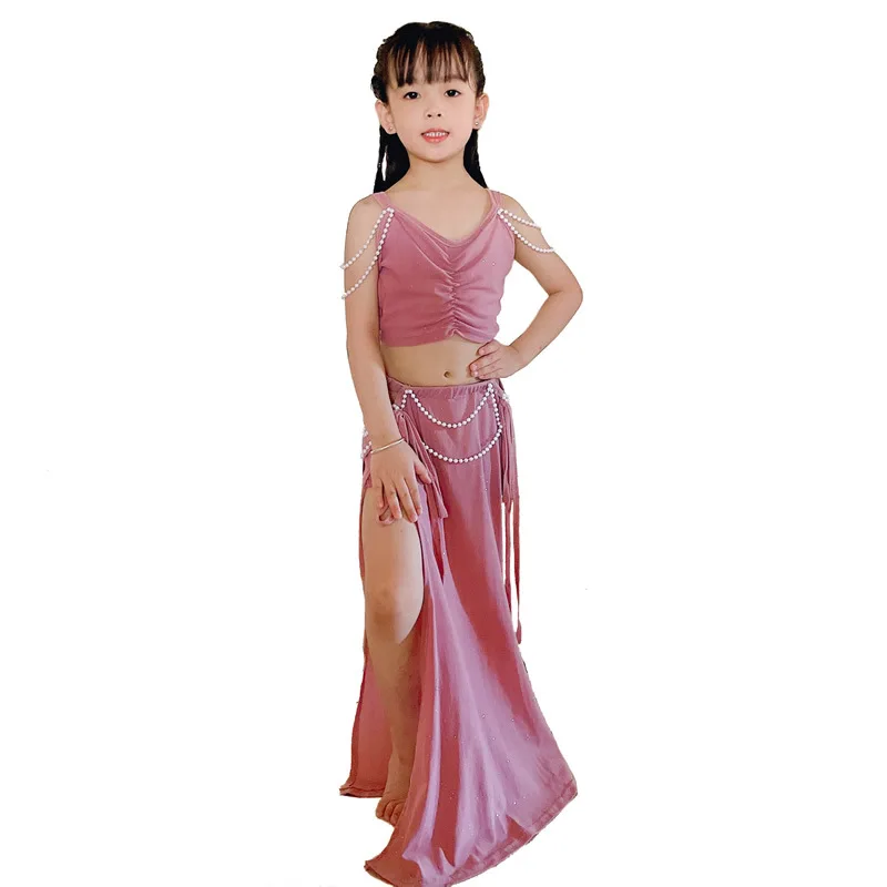 Summer Hot Sale Hight Quality Chirdren Girls Practice Camisole Dusty Pink Belly Dance Set