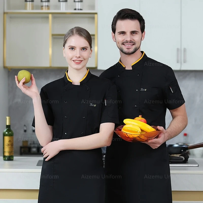 Men black Chef Jacket Summer Chef Coat Short Sleeve Apron Restaurant Head Chef Uniform Hotel Kitchen Cooking Clothes womenCustom