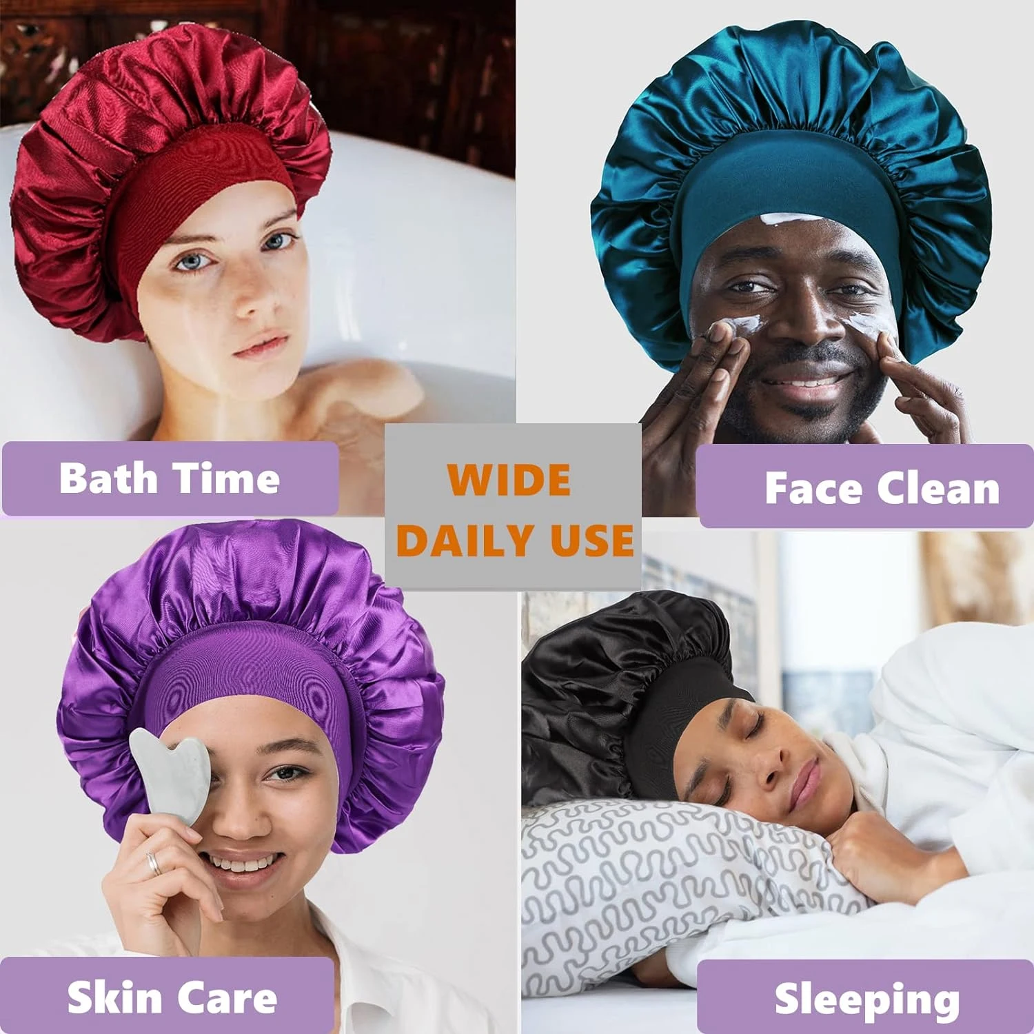 Women's Satin Solid Bonnets Wide-brimmed Night Sleeping Bathing Hat Unisex Head Wrap Elastic Band Cap Hair Care Bonnet