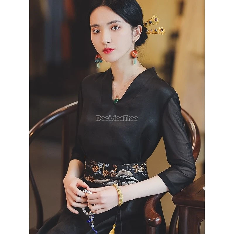 

2024 elegant dignified temperament lady chiffon hanfu modern daily improved dress chinese ethnic exquisite embroidery waistband