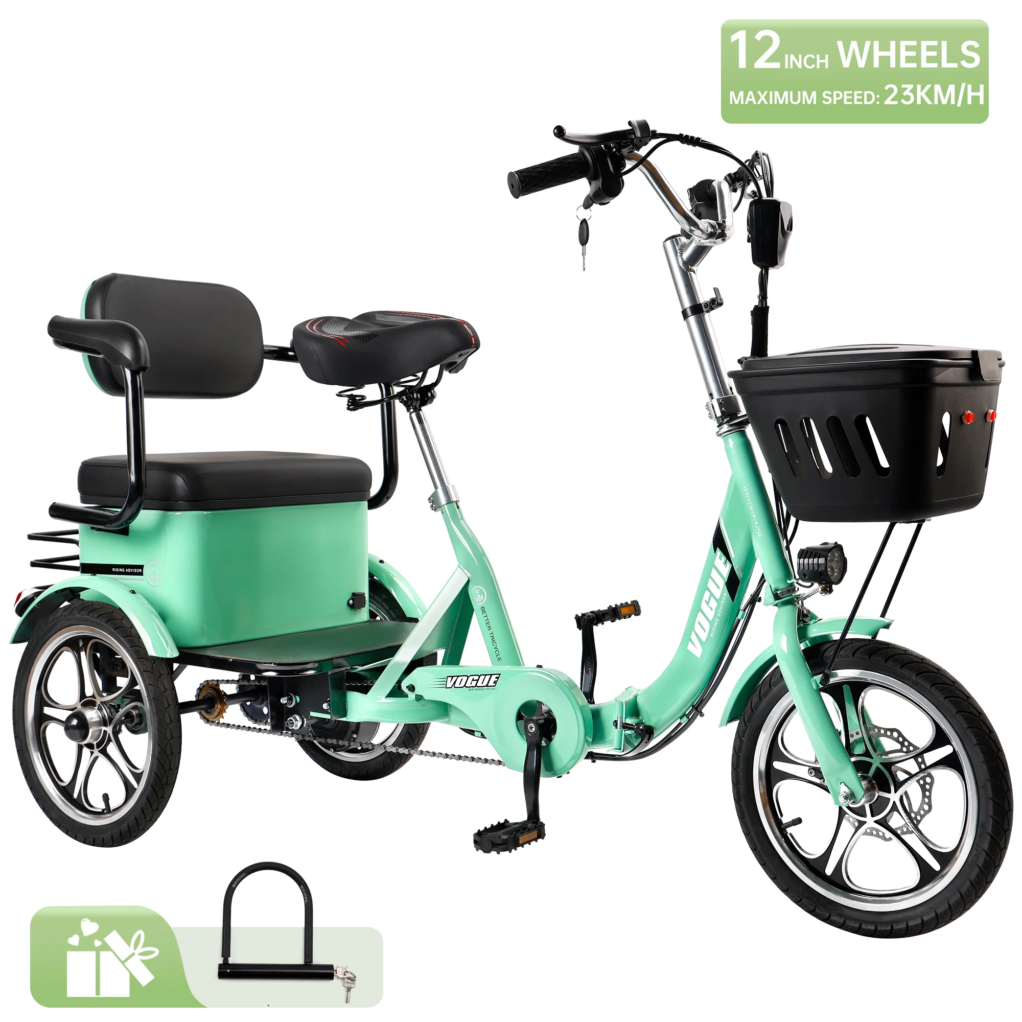 

Areyourshop Upgraded 400W 48V 12A Elder Electric Folding Tricycle 3 wheel Green E-bike with Rear Seat