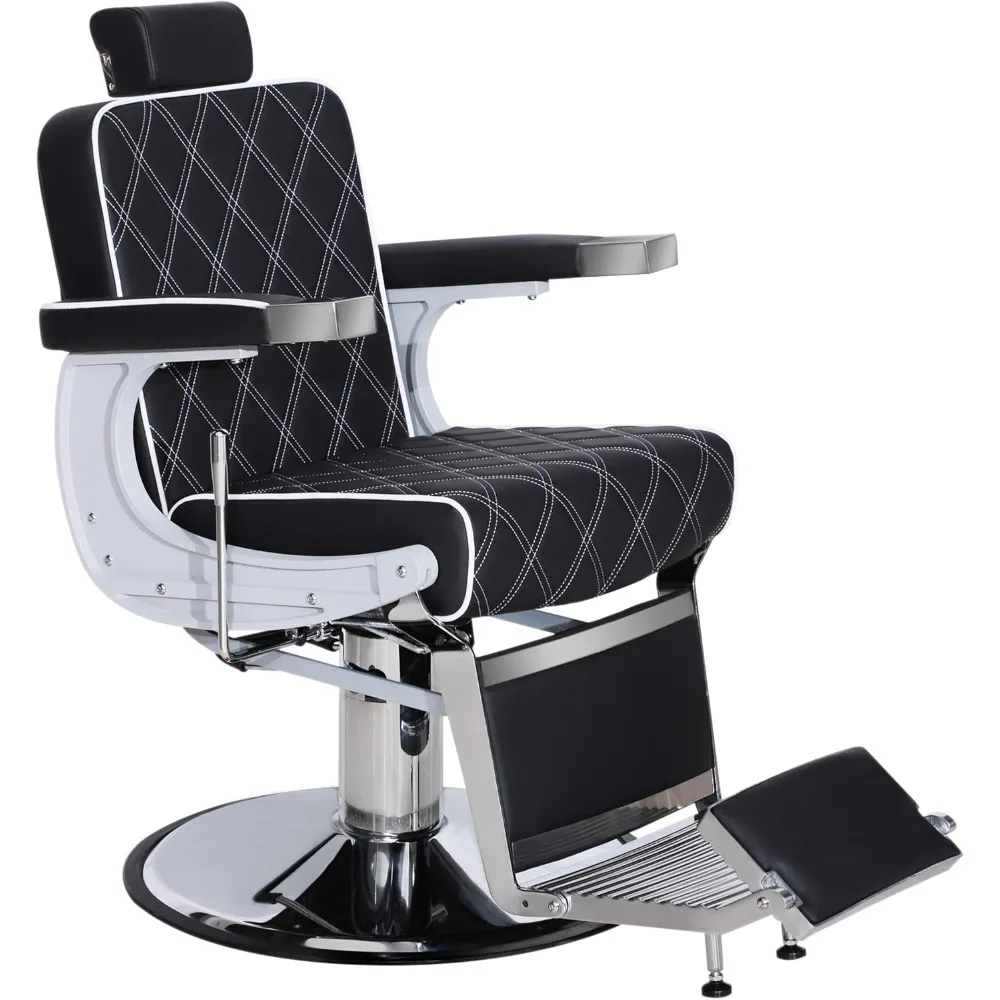 

Heavy Duty Metal Vintage Barber Chair All Purpose Hydraulic Recline Salon Beauty Spa Shampoo Equipment Black and White Stitches