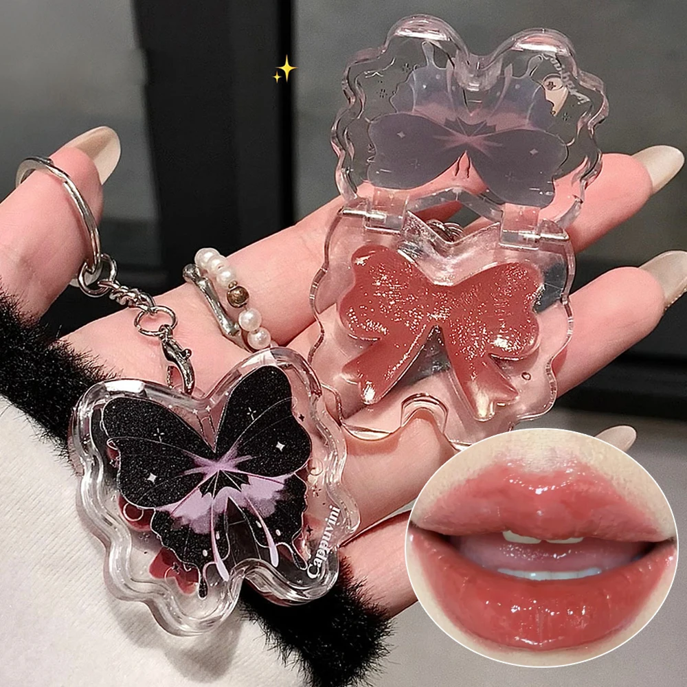 Butterfly Mirror Jelly Lip Gloss Keychain Lipstick Waterproof Lasting Non-stick Cup Solid Lip Glaze Korean Cosmetics 4 Colors