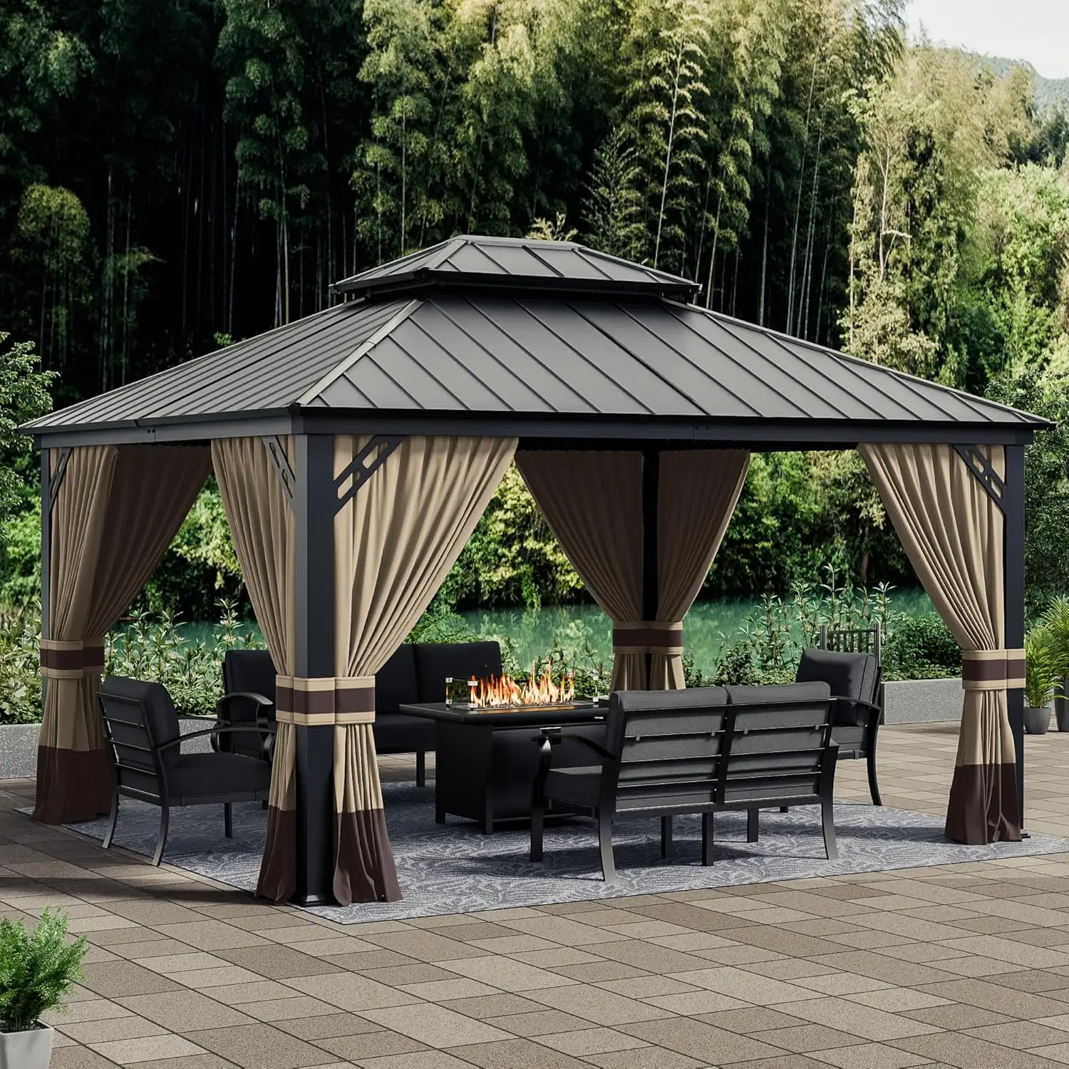 

12x14ft Hardtop Gazebo Double Roof, Outdoor Pavilion with 2-Layer Hard top Galvanized Iron Frame Garden Tent,, Customized