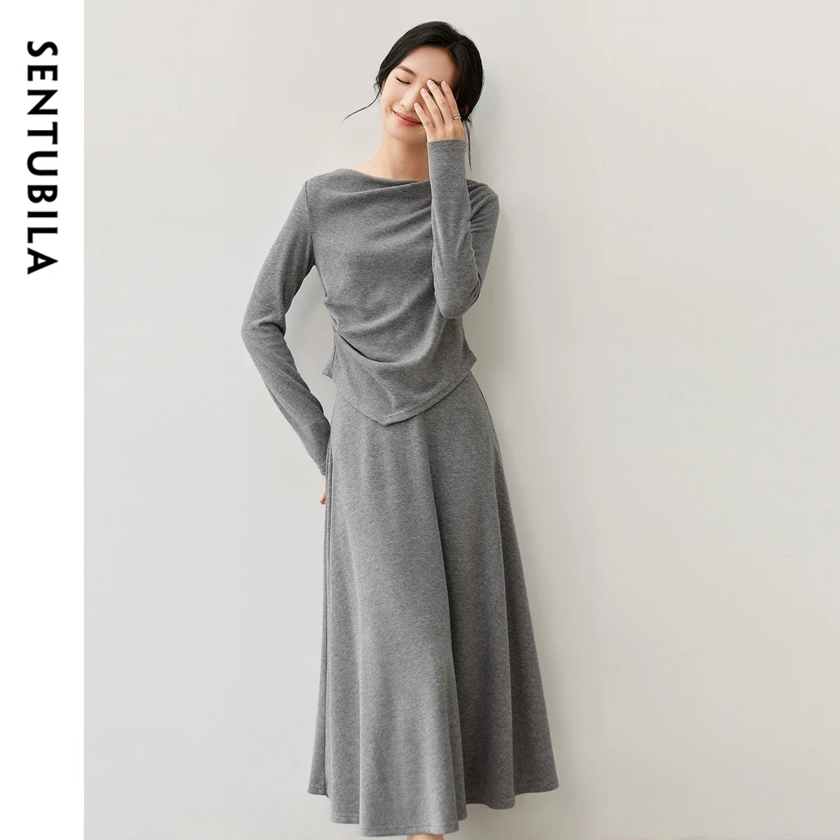 

SENTUBILA Women Knitted Skirt Set 2024 Autumn Vacation Outfits Grey Knit Tops Elastic Waist Long Skirts 2 Piece Sets 143Z57031