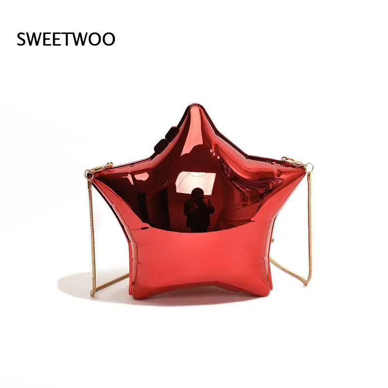 Shiny Five-Pointed Star Mini Crossbody Bag Mirror Surface Chain Strap Novelty Party Evening Handbag Multi Bright Colors