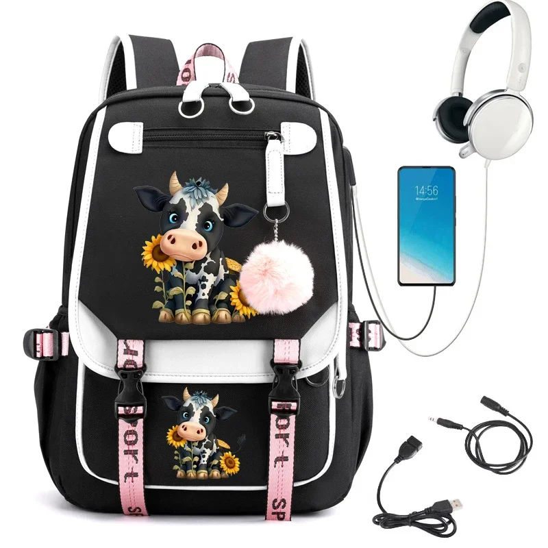 Mochila escolar de Anime de vaca girasol para niñas, Mochila de estudiante de secundaria, bolsa de dibujos animados, Mochila de carga Usb